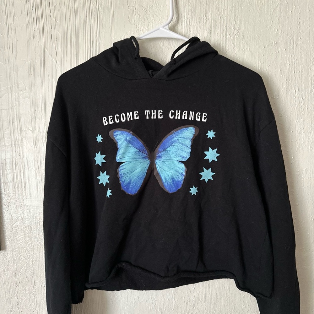 Mighty Fine Black V-Neck Sweater with Blue Butterfly